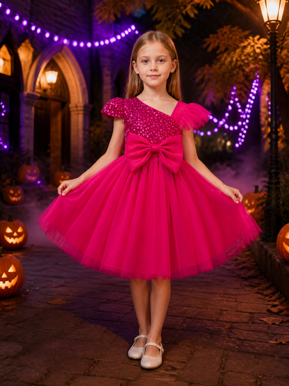 Girls' Rose Red Princess Dress, Sequined Bodice, Layered Tulle Skirt With Bow Costume Dresses detail 2