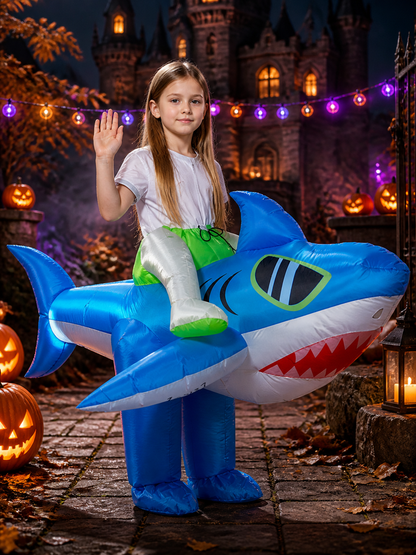Blue Inflatable Shark Bodysuit Costume With Fins and Red Teeth for Halloween Costumes detail 2