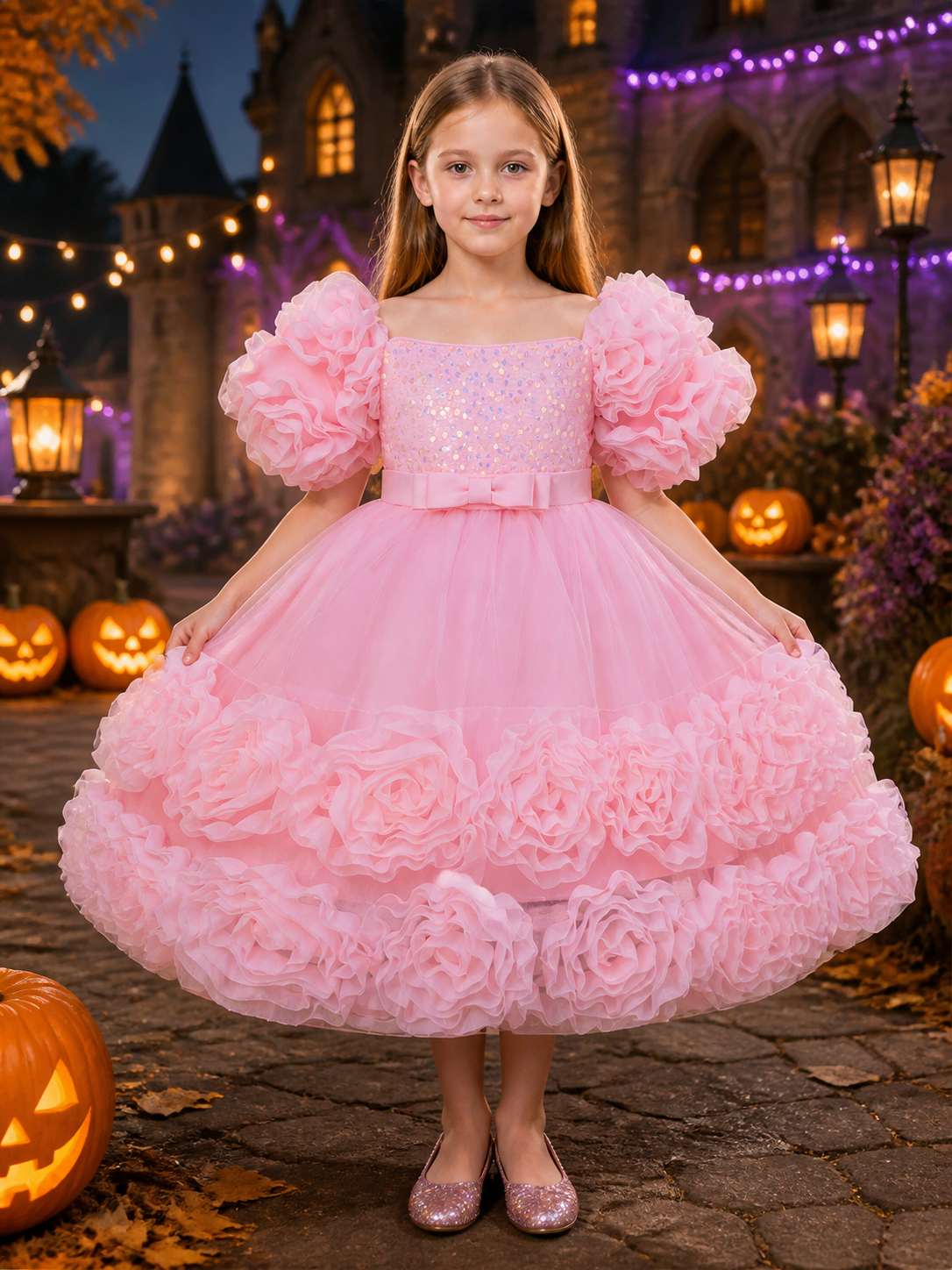 Baby Girls' Pink Princess Formal Dress with Sequins, Bow and Layered Ruffle Costume Dresses detail 2