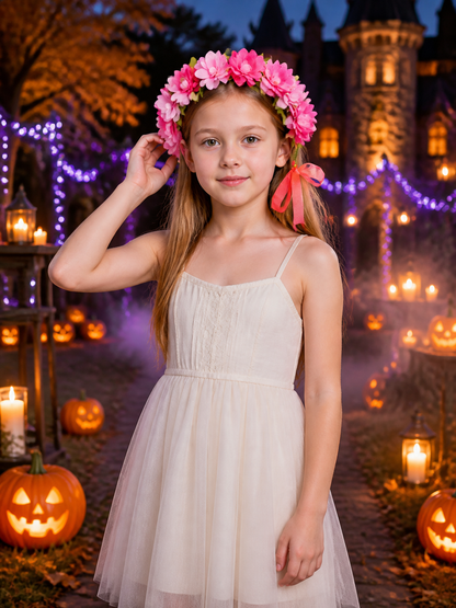 Pink Flower Wreath Headpiece with Green Leaves and Ribbon Costume Headwear detail 2