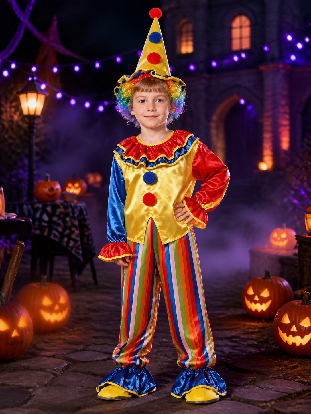 Kids' Colorful Clown Circus Costume Set with Ruffle Top, Pants and Pointed Hat Costume Headwear detail 2