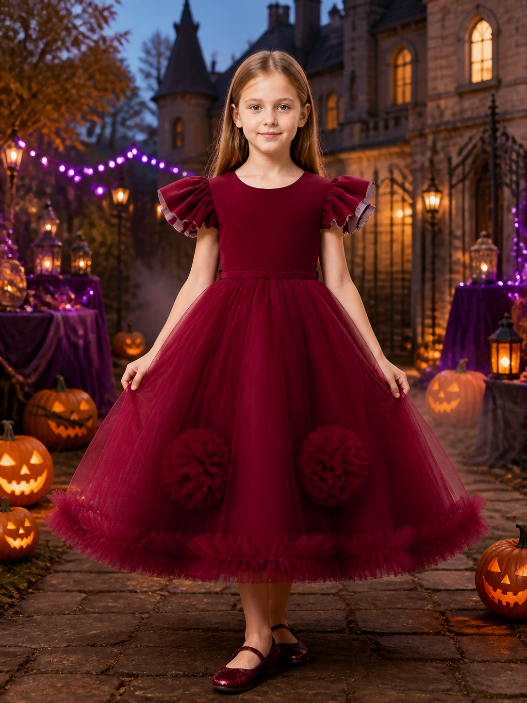 Girls' Maroon Princess Party Dress with Layered Tulle Skirt and 3D Flowers Costume Dresses detail 2