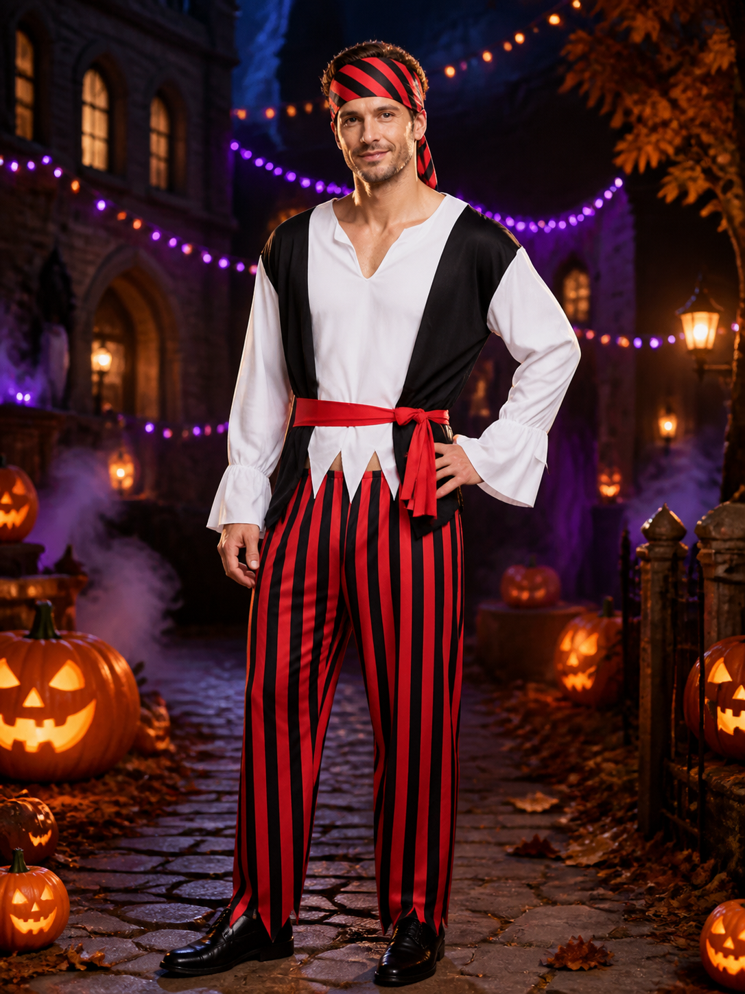 Adult Pirate Captain Halloween Costume Set with Striped Top, Pants, Headscarf Costumes detail 2