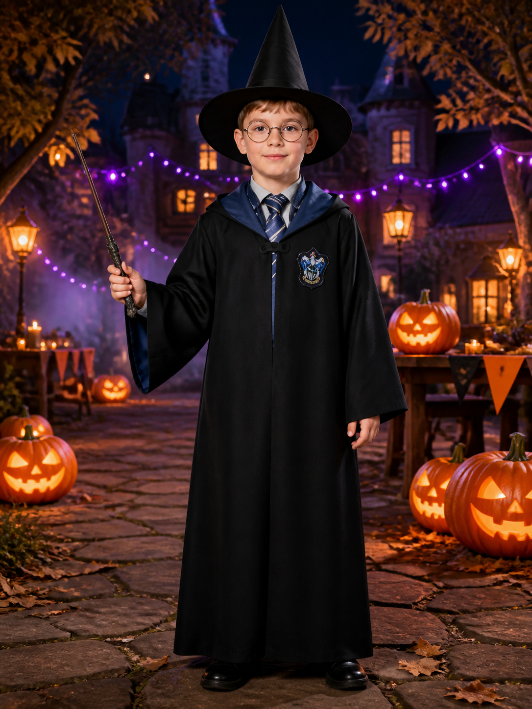 Wizard Costume Set With Hooded Robe, Pointed Hat, Wand, Tie And Glasses Costume Headwear detail 2