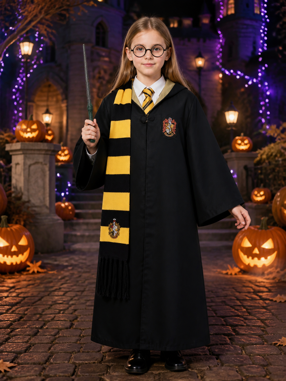 Wizard Costume Set, Black And Yellow Robe With Scarf, Tie, Wand And Glasses Costume Accessories detail 2