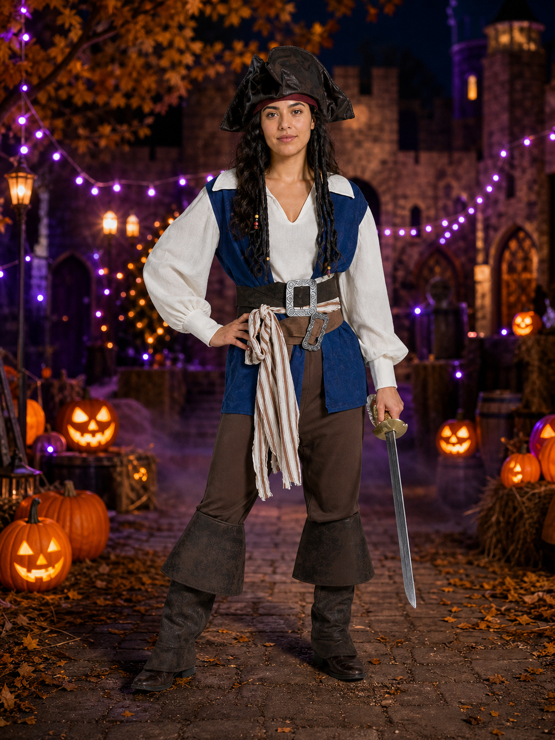 Blue Pirate Costume with Hat for Carnival and Halloween Costume Headwear detail 2
