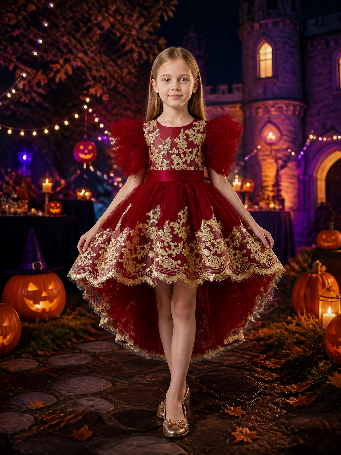 Girls' Toddler Princess Formal Dress with Gold Embroidery, Flutter Sleeves and Costume Dresses detail 2