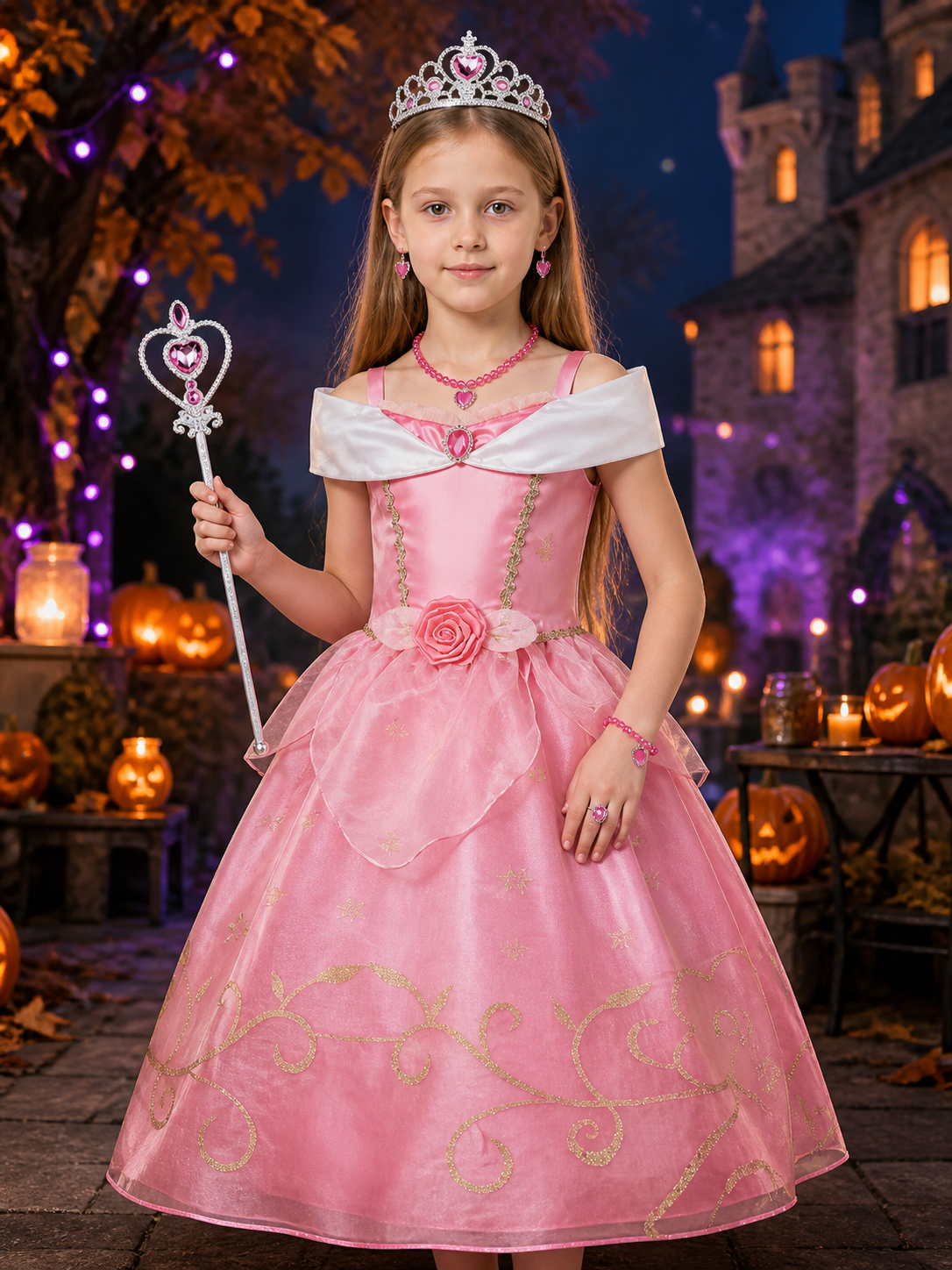 Girls Pink Princess Dress Costume Set with Crown, Wand & Jewelry for Halloween Costume Dresses detail 2