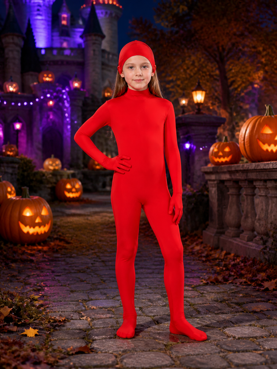 Red Hooded Zentai Bodysuit Costume with Face Opening for Halloween Costumes detail