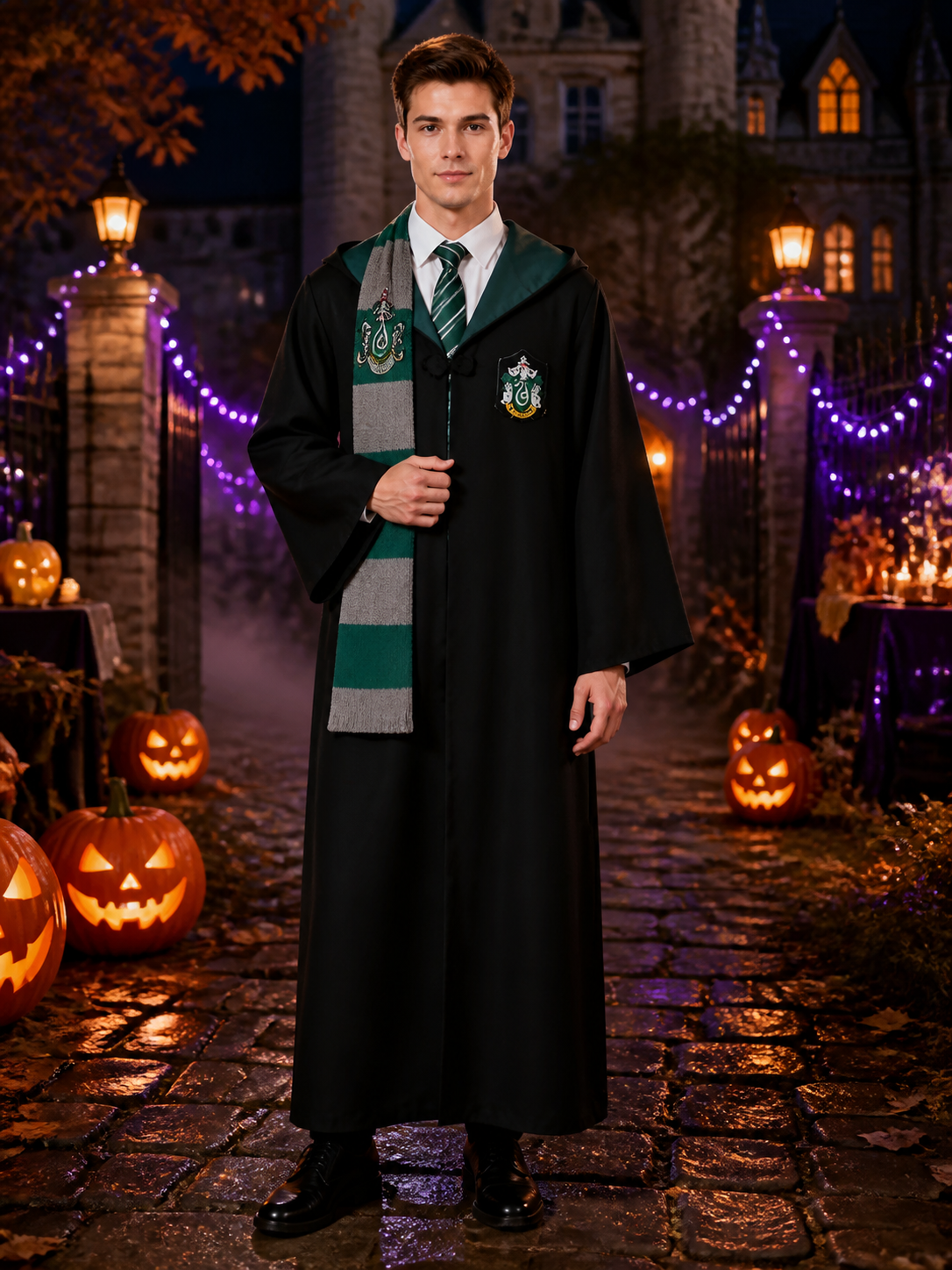 Green Hooded Wizard Robe Costume Set With Striped Scarf And Tie