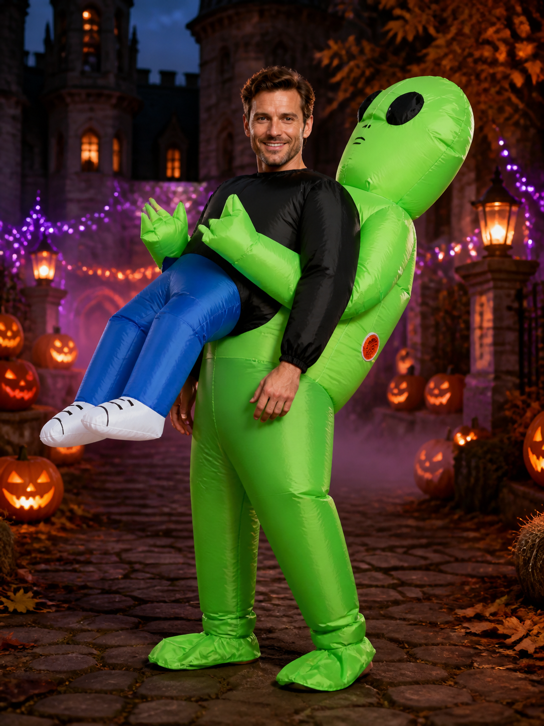 Green Inflatable Alien Costume for Halloween with Black Eyes and Red Markings Costumes detail 2