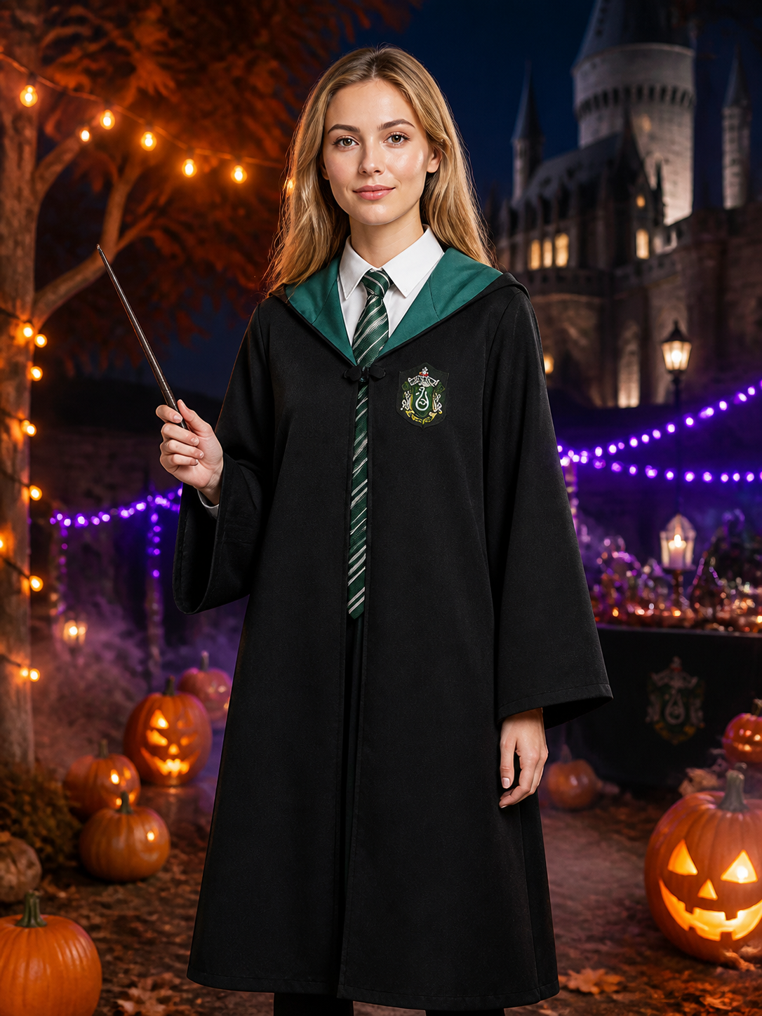 Men Women Kids Black Hooded Wizard Robe Costume Set With Dark Green & White Costumes detail 2
