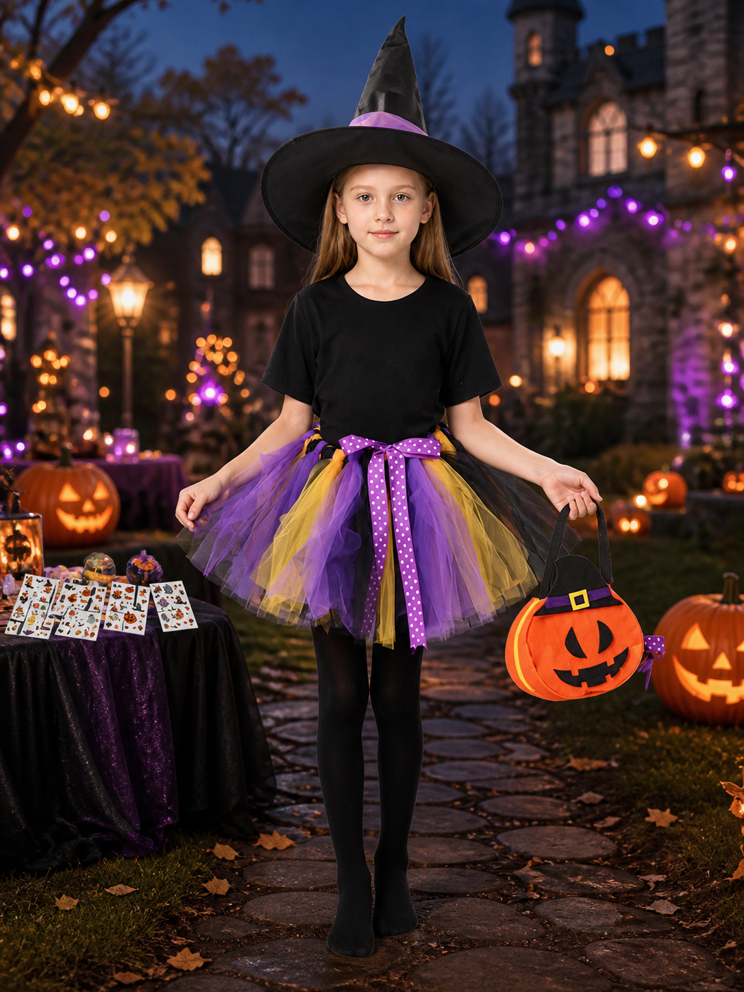 Girls' Witch Costume Set, Layered Tutu Skirt With Hat, Candy Bag, Tights & Costume Headwear detail 2