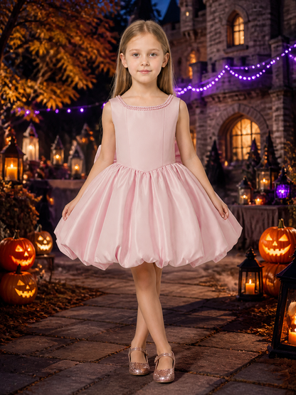 Girls' Pink Princess Dress, Sleeveless Pearl Neckline and Bow Back, Pleated Full Costume Dresses detail 2