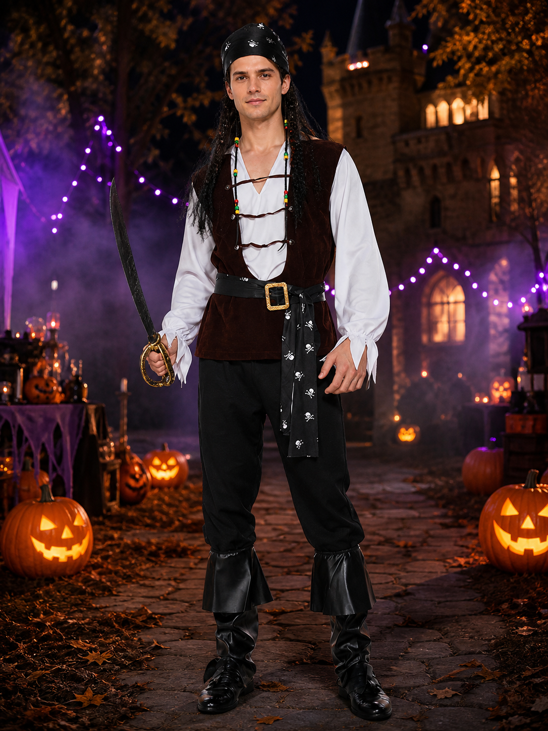 Pirate Costume with Vest, Belt, and Necklace for Halloween Costumes detail 2