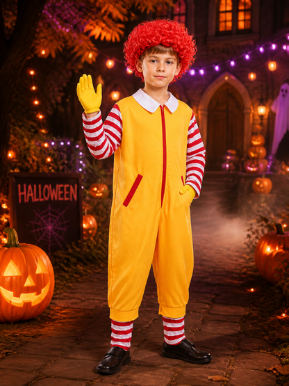 Yellow Clown Jumpsuit Costume, Red And White Striped Sleeves, Halloween Cosplay Costumes detail 2
