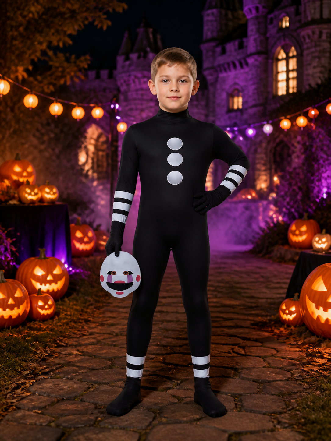 Unisex Masked Character Jumpsuit Costume with Hood and Smiley Face Print on-model Halloween scene view