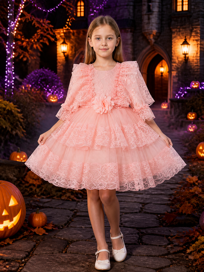 Girls' Pink Princess Dress, Long Sleeve Layered Tulle Party Gown with Flower Costume Dresses detail 2