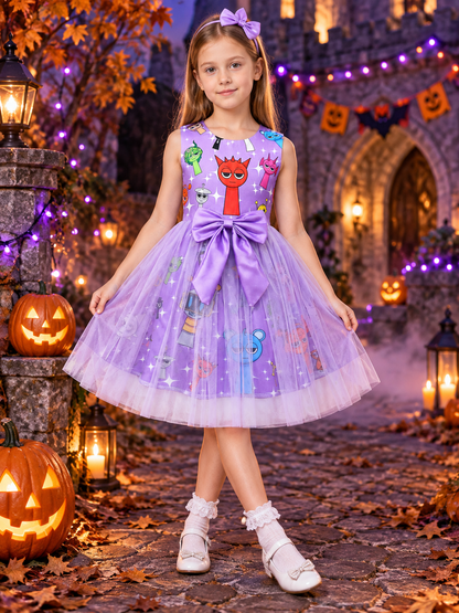 Purple sleeveless dress with bow and star print