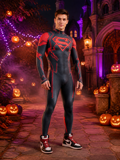 Superboy Stretch Print Bodysuit Costume, Red Black Superhero Jumpsuit Costumes detail 2