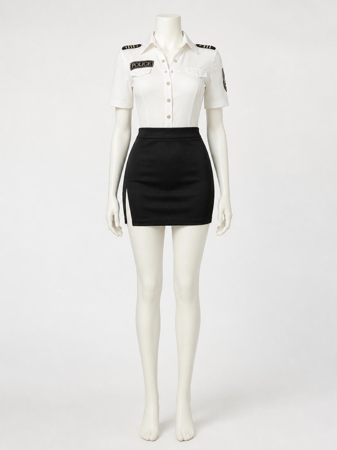 Women's Police Officer Costume Set, White Shirt with Shoulder Patches and Black Costumes detail 2