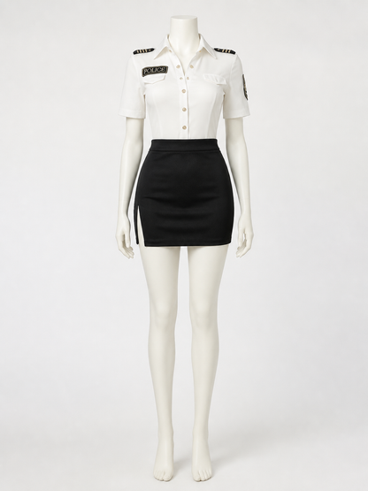 Women's Police Officer Costume Set, White Shirt with Shoulder Patches and Black Costumes detail 2