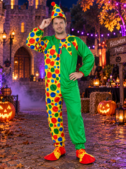 Green Polka Dot Clown Costume with Jumpsuit and Hat