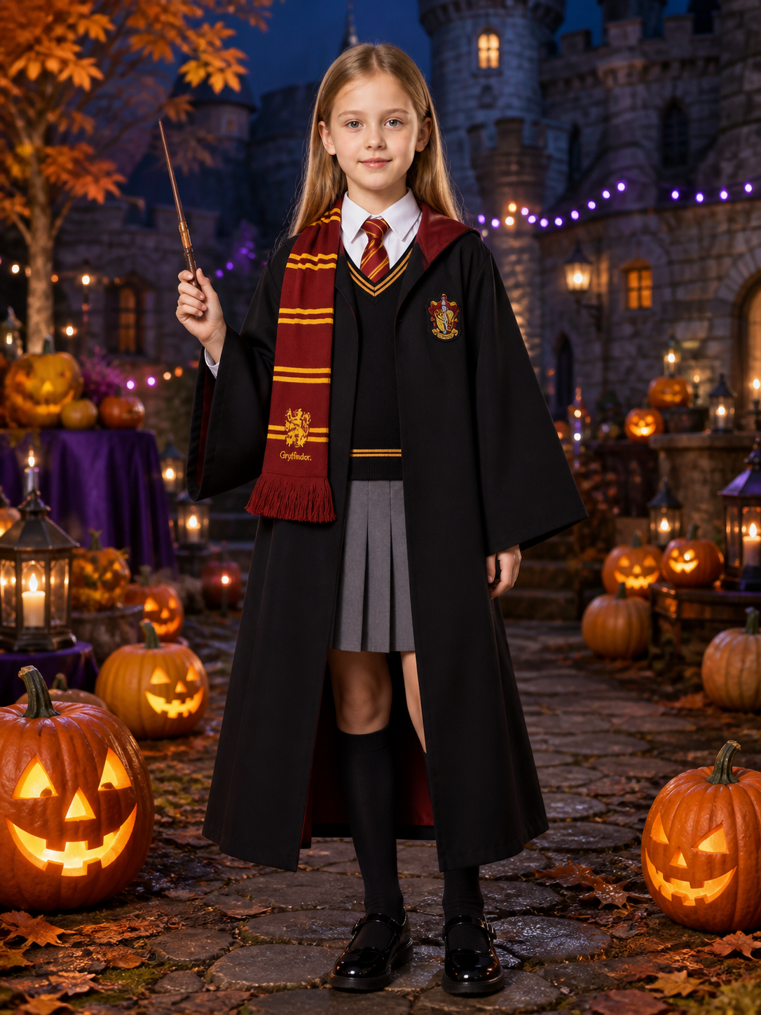 Hooded Wizard Robe Costume Set with Tie, Scarf, Shirt, Vest, Skirt and Wand Costume Accessories detail 2