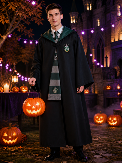 Slytherin Wizard Robe Costume Set with Scarf and Tie, Green Hooded Cloak Costume Capes detail 2