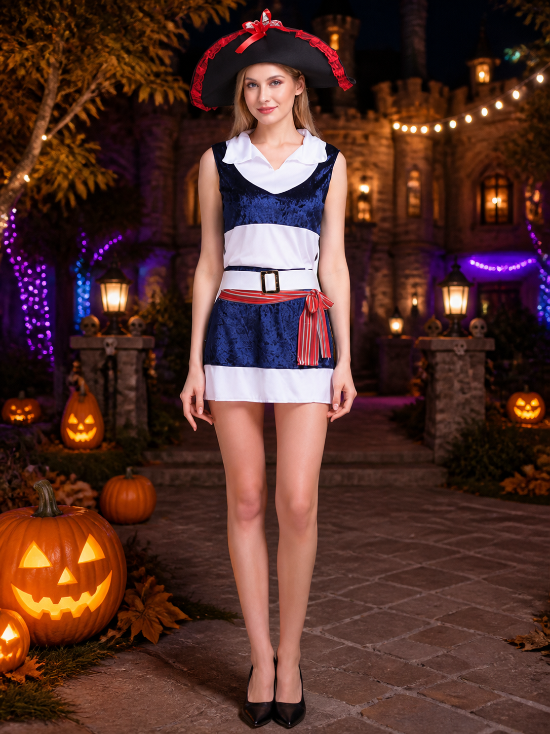 Adult Pirate Costume Set, Navy Sleeveless Dress With Hat, Belt And Waist Tie Costume Dresses detail 2