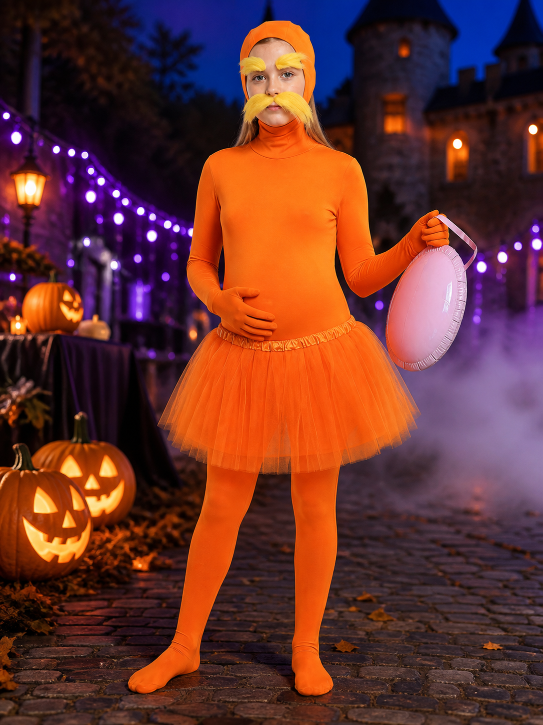 Orange Hooded Bodysuit Costume with Tutu - Halloween Cosplay Outfit Set on-model Halloween scene view