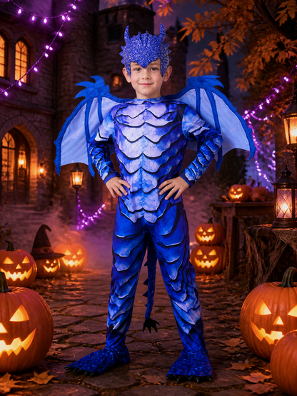 Kids' Blue Ice Dragon Knight Dinosaur Jumpsuit Costume with Wings and Character Costumes detail 2
