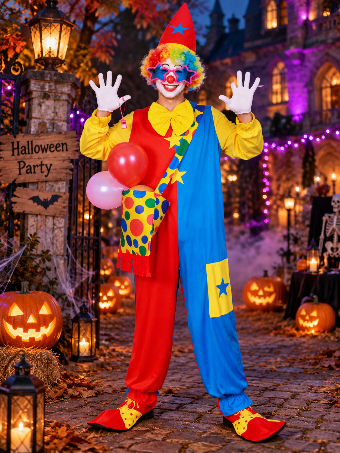 Adult Clown Costume, Red and Blue, with Wig and Mask