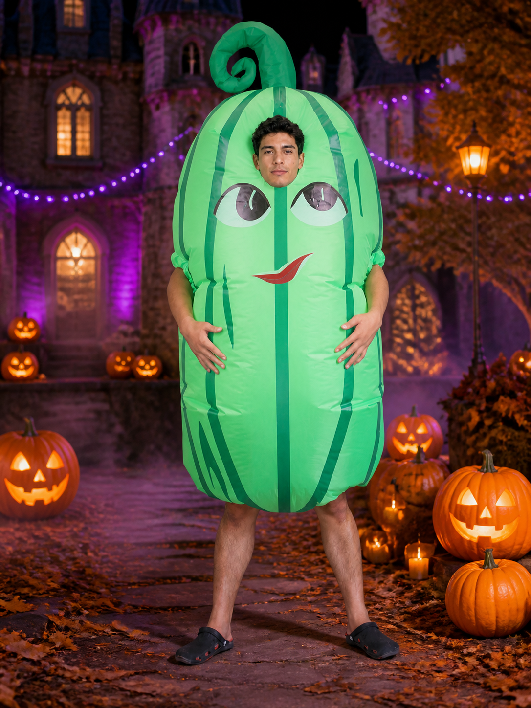 Inflatable Cactus Costume with Cartoon Face, Green Striped Halloween Outfit Costumes detail 2