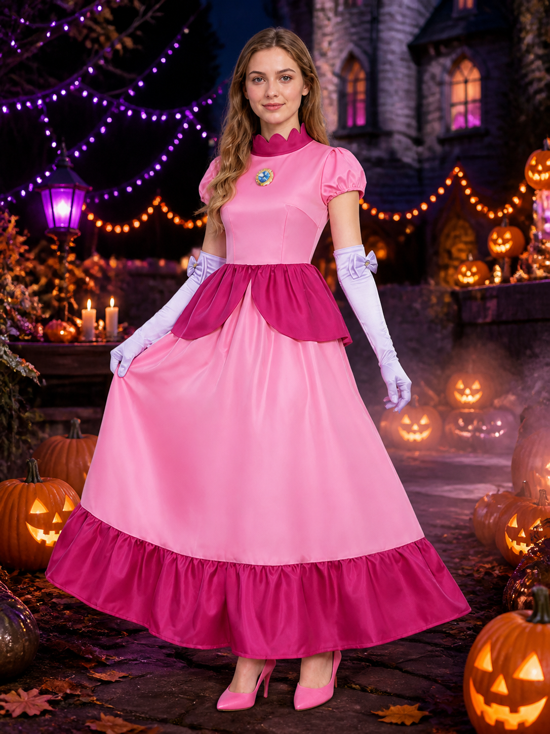 Princess Pink Costume Dress with Gloves and Brooch on-model Halloween scene view