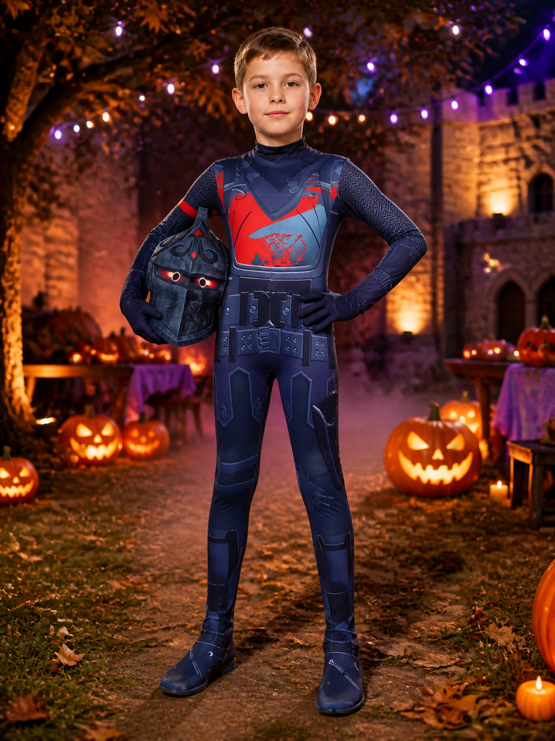 Armored Future Warrior Jumpsuit Costume with Red Eye Strip and Geometric Print on-model Halloween scene view