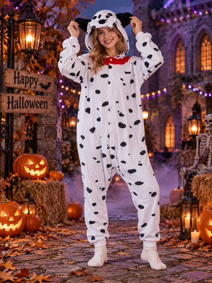 White pajama jumpsuit with black spots, dog hood