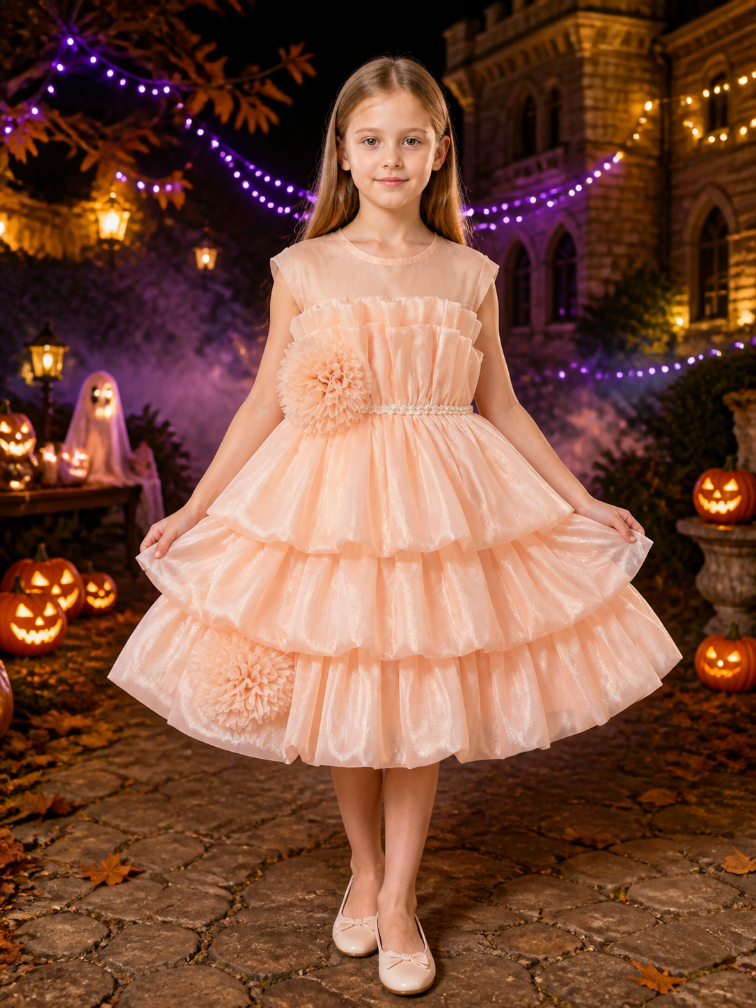 Girls' Pink Princess Cake Dress, Layered Ruffle Skirt with Tulle Flowers and Costume Dresses detail 2