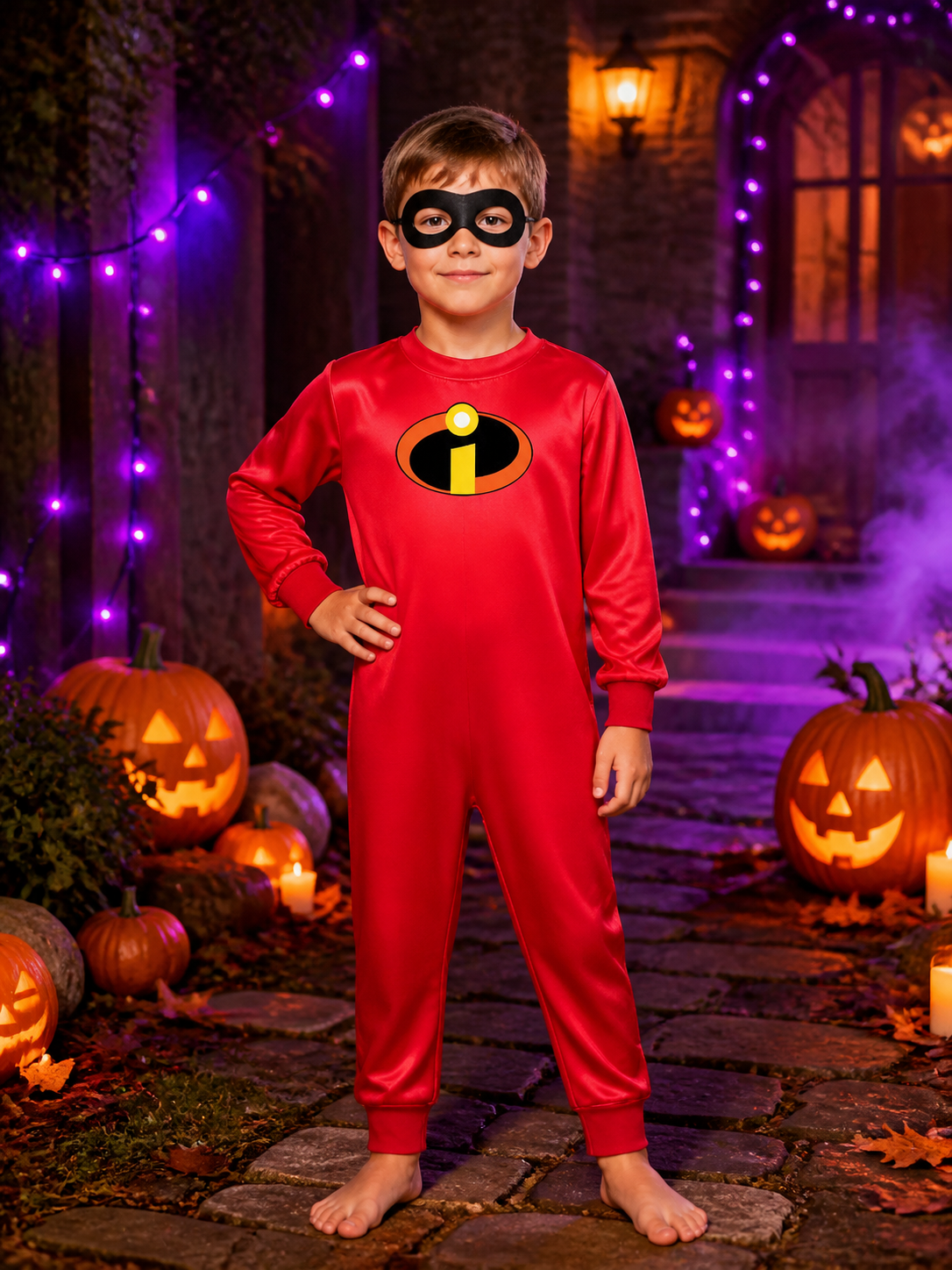 Kids Superhero Costume Set, Red Long Sleeve Jumpsuit with Black Eye Mask and Costume Masks detail 2