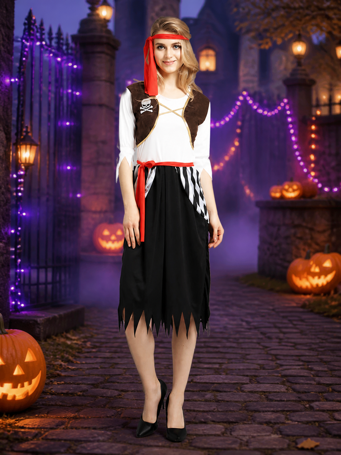 Adult Pirate Costume Set, Long-Sleeve Skirted Jumpsuit with Headband and Belt Costume Headwear detail 2