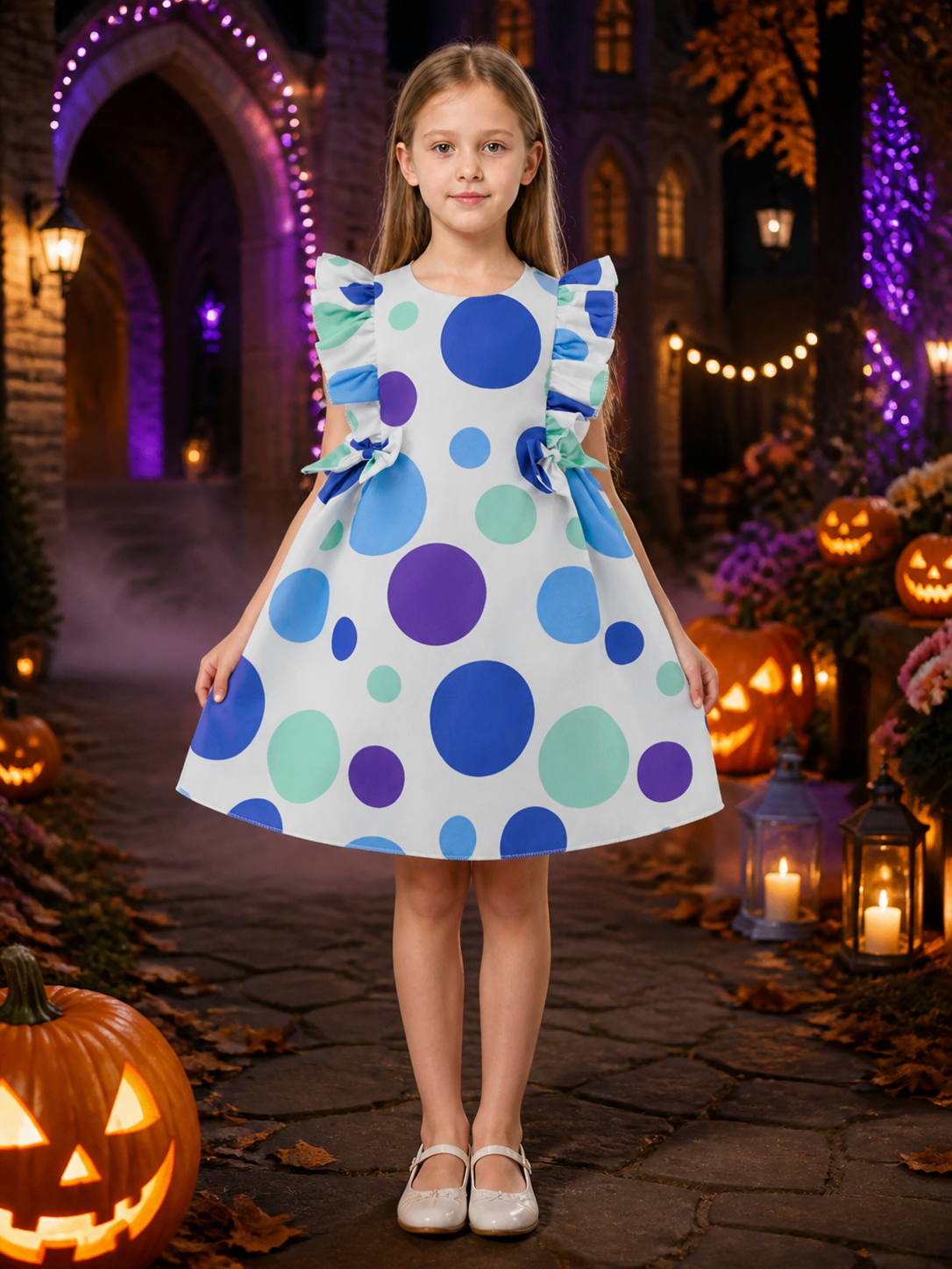 Girls' Polka Dot Princess Dress With Bow Accents, Flutter Sleeves, A-Line Formal Costume Dresses detail 2