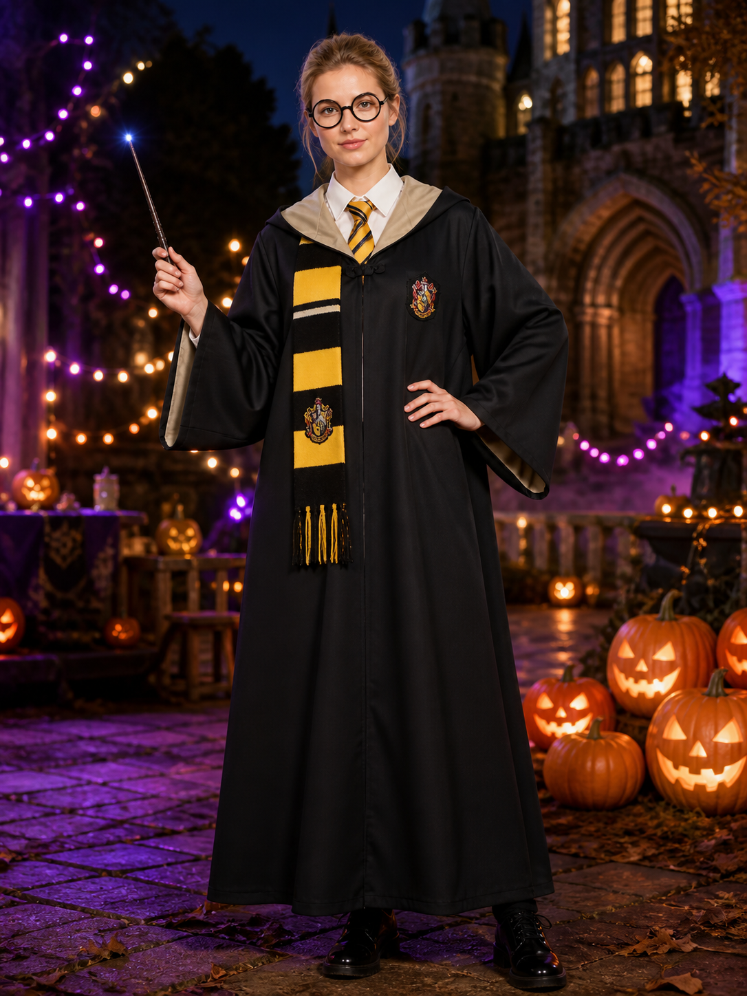 Hufflepuff Wizard Costume Set, Hooded Robe With Striped Scarf, Tie, Glasses & Costumes detail 2
