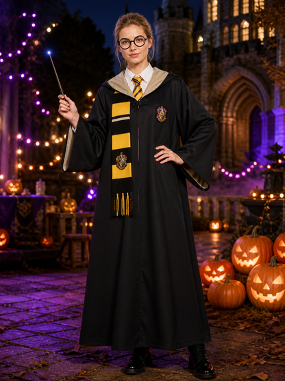 Hufflepuff Wizard Costume Set, Hooded Robe With Striped Scarf, Tie, Glasses & Costumes detail 2