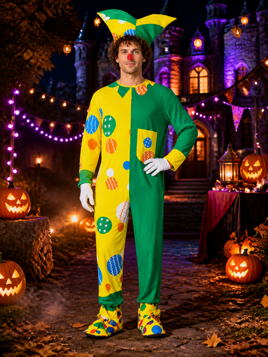 Unisex Adult Clown Bodysuit Costume with Multi-Pointed Hat, Yellow Green Split Costume Headwear detail 2