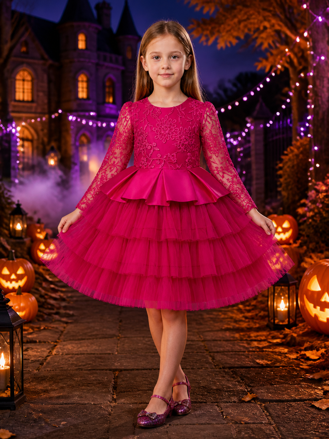 Girls' Rose Red Princess Dress With Floral Embroidery, Lace Sleeves, And Layered Costume Dresses detail 2