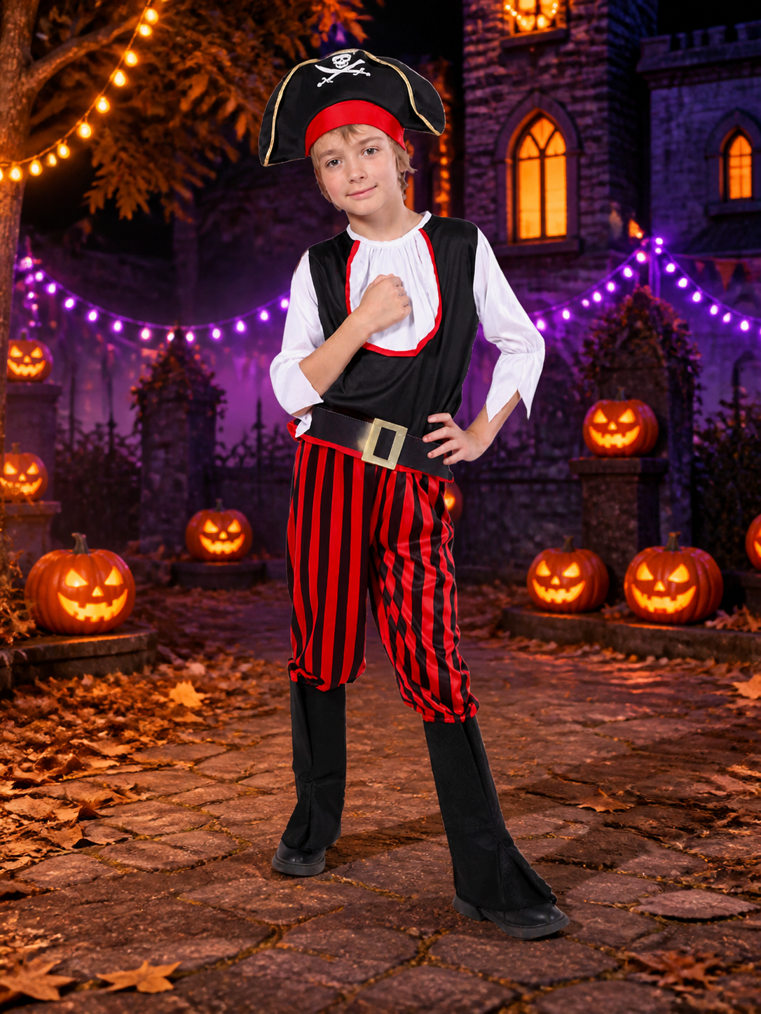 Kids Pirate Costume Set - Black & Red Striped Outfit with Skull Hat Costume Headwear detail 2