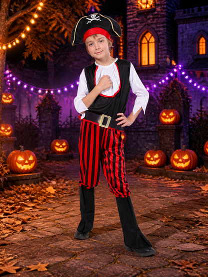 Kids Pirate Costume Set - Black & Red Striped Outfit with Skull Hat Costume Headwear detail 2