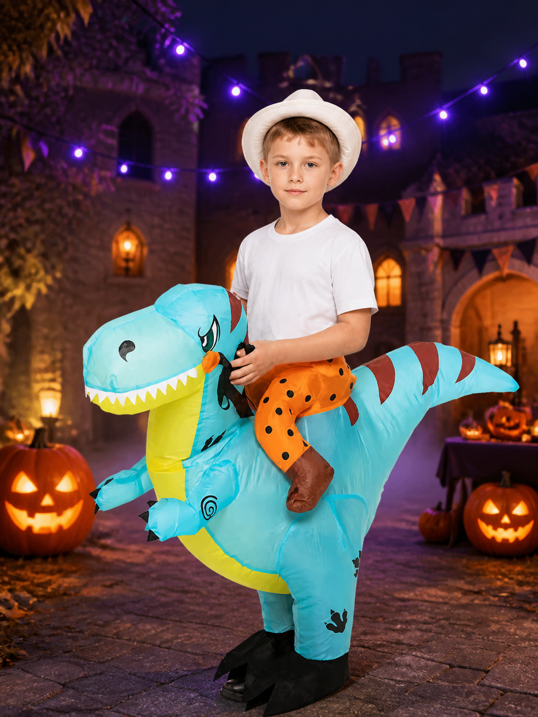 Inflatable Dinosaur Costume, Light Blue with Orange Spots, Funny Halloween Costumes detail 2