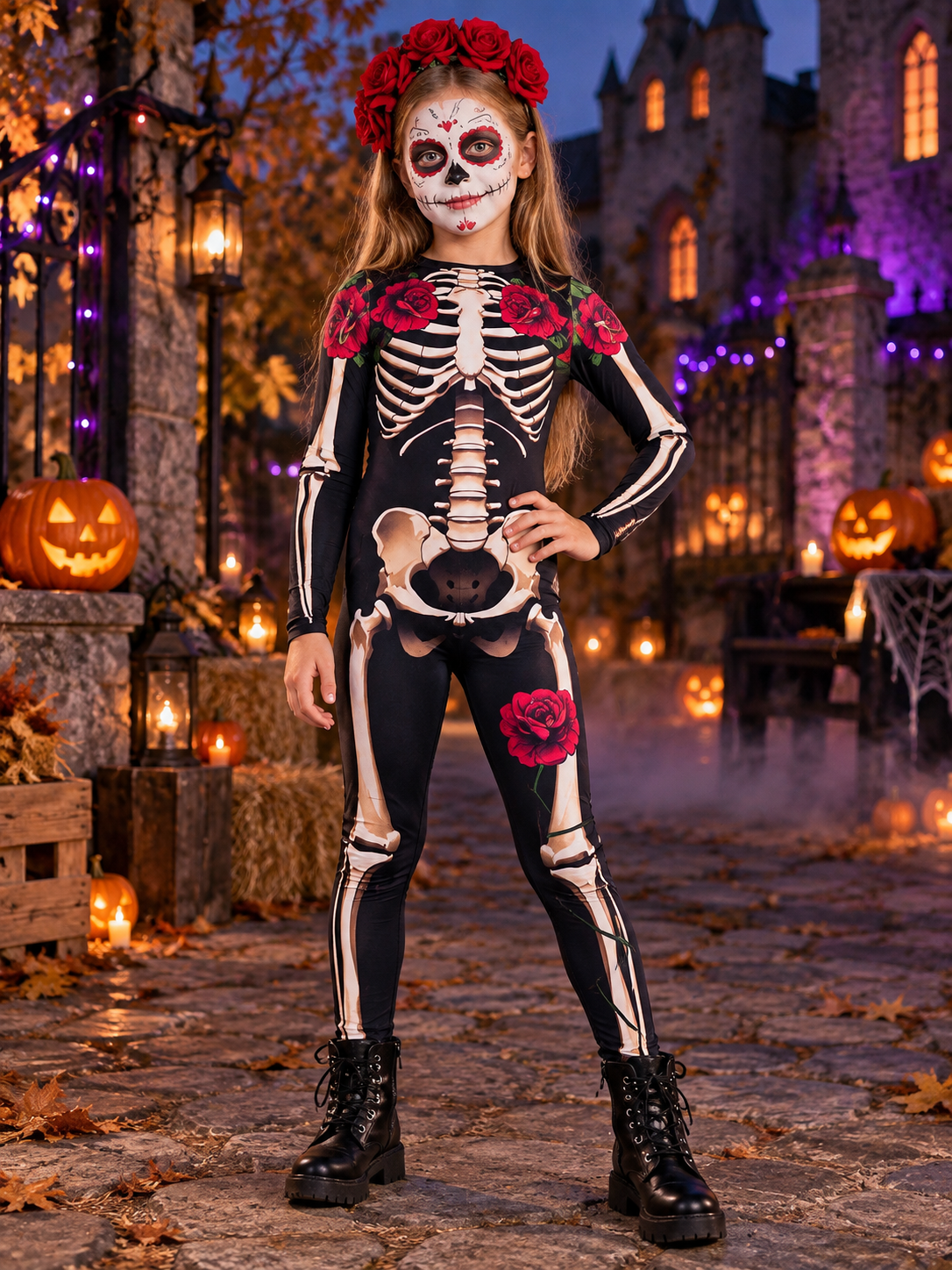Skeleton Costume Black Jumpsuit with Print