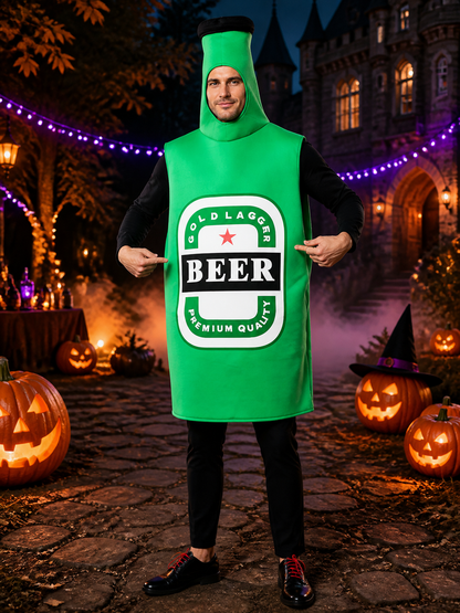 Adult Unisex Beer Bottle Costume, Sleeveless One-Piece Outfit with Bottle Cap Costume Headwear detail 2